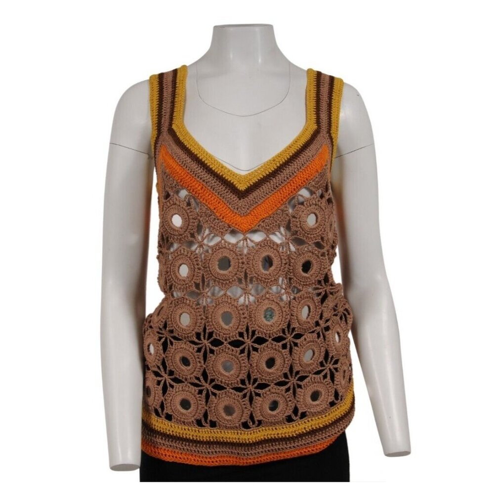 Wales Bonner Marimba Crotched Top US XL IT 46 Brown Yellow Cotton Sleeveless